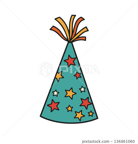 Party hat with colorful stars and orange streamers festive celebration accessory vector illustration Party hat with colorful stars and orange streamers festive celebration accessory vector illustration 136861060