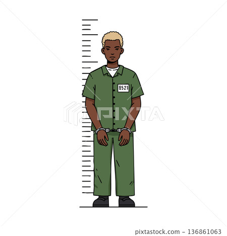 Prisoner standing with handcuffs and prison uniform in mugshot lineup illustration vector art Prisoner standing with handcuffs and prison uniform in mugshot lineup illustration vector art 136861063
