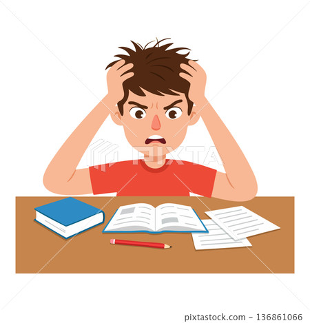 Frustrated boy studying with books pencil and papers at desk expressing stress and anger vector illustration Frustrated boy studying with books pencil and papers at desk expressing stress and anger vector illustration 136861066