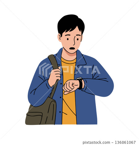 Young man checking time on wristwatch wearing blue jacket and carrying shoulder bag vector illustration Young man checking time on wristwatch wearing blue jacket and carrying shoulder bag vector illustration 136861067