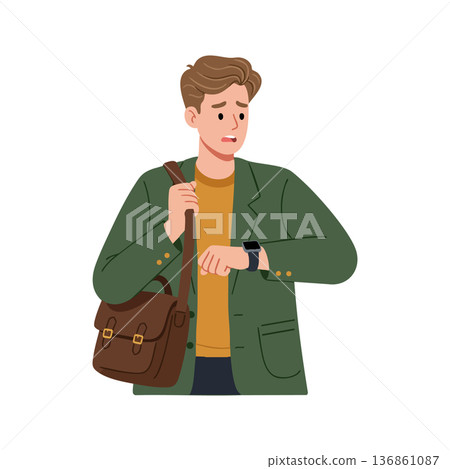 Young man checking smartwatch looking worried in green jacket with brown bag vector illustration 136861087