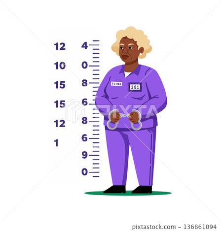 Black female prisoner in purple uniform standing with handcuffs and height measurement background vector illustration 136861094