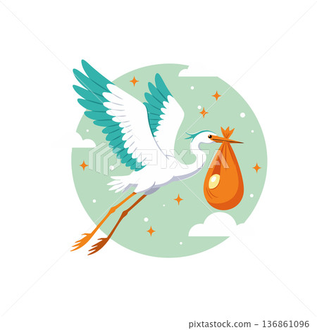 Stork flying with a baby bundle in beak over green sky with stars vector illustration 136861096