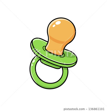 Baby pacifier with orange nipple and green handle vector illustration for infant soothing and comfort design Baby pacifier with orange nipple and green handle vector illustration for infant soothing and comfort design 136861101