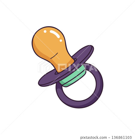 Baby pacifier vector design with orange nipple and purple ring for infant comfort and soothing Baby pacifier vector design with orange nipple and purple ring for infant comfort and soothing 136861103
