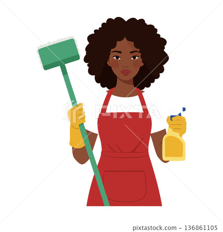Woman holding mop and spray bottle wearing red apron and yellow gloves cleaning vector illustration Woman holding mop and spray bottle wearing red apron and yellow gloves cleaning vector illustration 136861105