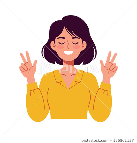 Woman showing peace sign with both hands smiling happily in yellow shirt vector illustration Woman showing peace sign with both hands smiling happily in yellow shirt vector illustration 136861137