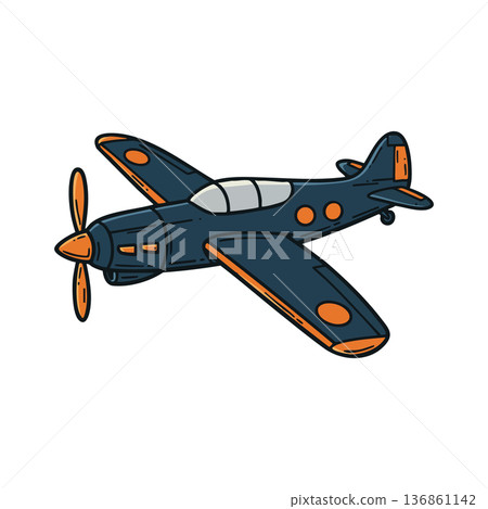 Vintage propeller airplane flying with orange accents and dark blue body vector illustration in cartoon style Vintage propeller airplane flying with orange accents and dark blue body vector illustration in cartoon style 136861142