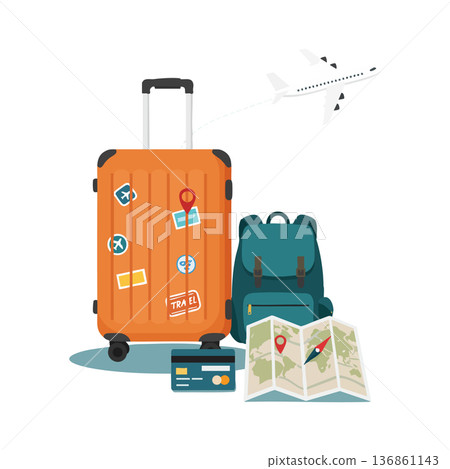 Travel luggage with orange suitcase backpack map credit card and airplane flying background vector illustration Travel luggage with orange suitcase backpack map credit card and airplane flying background vector illustration 136861143
