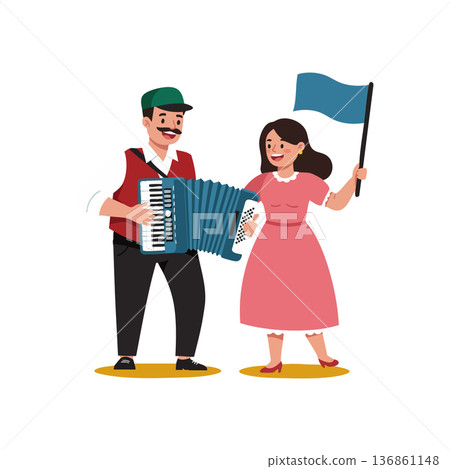 Man playing accordion and woman waving blue flag celebrating together vector illustration cheerful scene 136861148