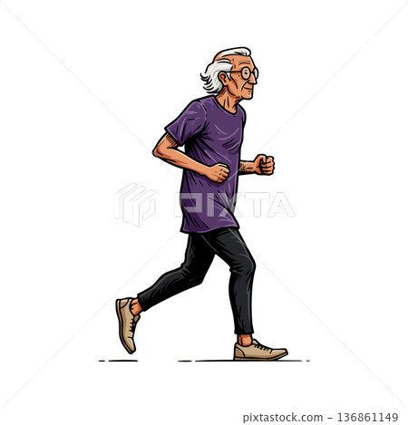 Elderly man jogging in casual outfit with white hair and glasses healthy lifestyle exercise vector illustration Elderly man jogging in casual outfit with white hair and glasses healthy lifestyle exercise vector illustration 136861149