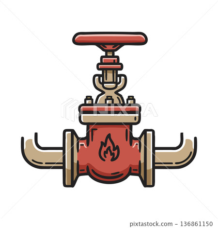 Red fire hydrant valve with metal pipes vector illustration for safety and emergency systems design 136861150