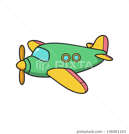 Green and yellow cartoon airplane with propeller flying vector illustration for children design and playful graphics Green and yellow cartoon airplane with propeller flying vector illustration for children design and playful graphics 136861163