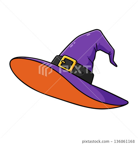 Witch hat with orange brim and purple cone featuring black belt and gold buckle for Halloween costume accessory vector illustration 136861168