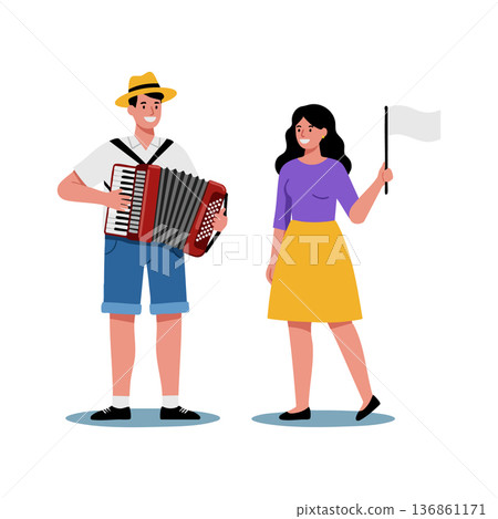 Man playing accordion and woman holding white flag casual outdoor scene vector illustration Man playing accordion and woman holding white flag casual outdoor scene vector illustration 136861171