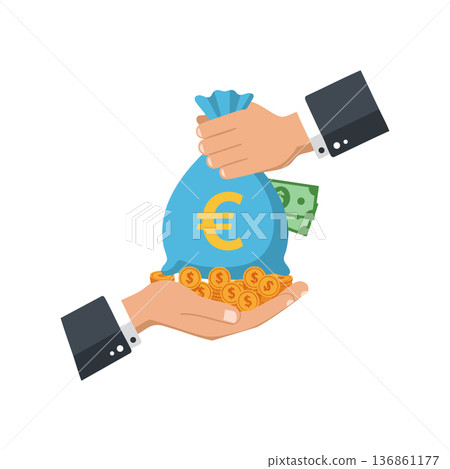Euro currency money bag handed from one businessman to another with coins and dollar bills vector illustration 136861177