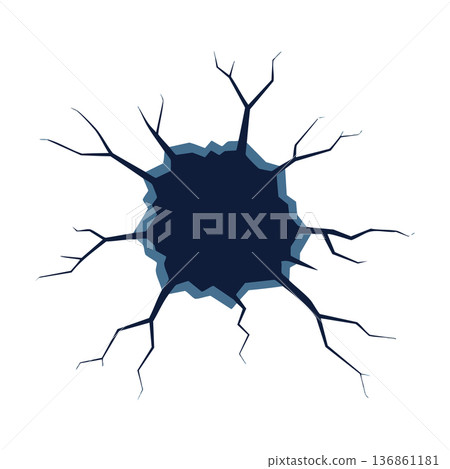 Cracked hole in surface vector art showing damage and broken structure with jagged edges and dark center effect 136861181