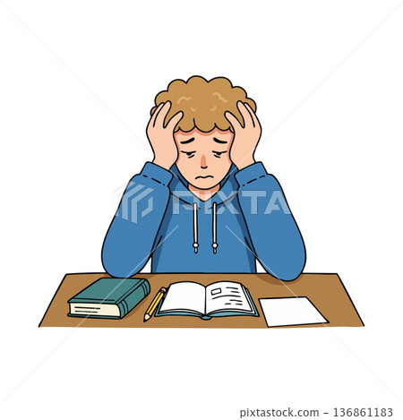 Stressed young man studying with books and pencil sitting at desk vector illustration of education pressure and anxiety Stressed young man studying with books and pencil sitting at desk vector illustration of education pressure and anxiety 136861183