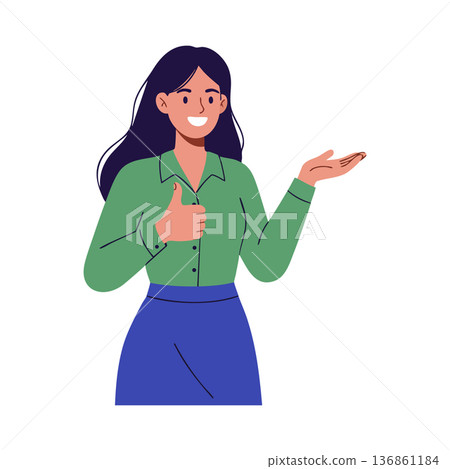 Woman giving thumbs up gesture smiling with green shirt and blue skirt vector illustration Woman giving thumbs up gesture smiling with green shirt and blue skirt vector illustration 136861184