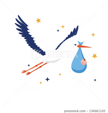 Stork flying with baby bundle in beak surrounded by stars vector illustration for birth and newborn themes Stork flying with baby bundle in beak surrounded by stars vector illustration for birth and newborn themes 136861185