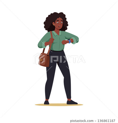 Woman checking time on wristwatch with bag wearing green shirt and black pants vector illustration Woman checking time on wristwatch with bag wearing green shirt and black pants vector illustration 136861187