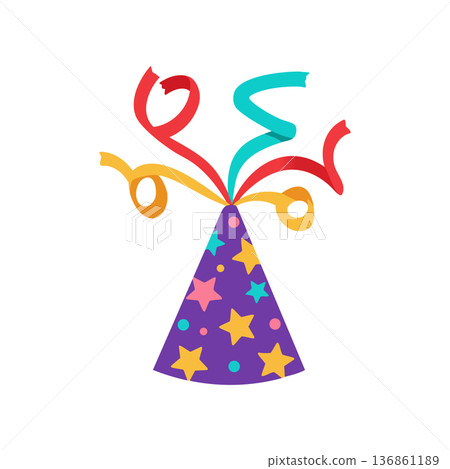 Party hat with colorful star pattern and festive ribbon decorations vector icon for celebration events and joyful occasions Party hat with colorful star pattern and festive ribbon decorations vector icon for celebration events and joyful occasions 136861189