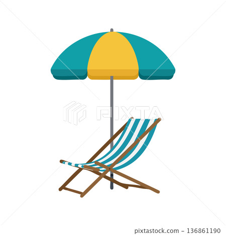 Beach umbrella and wooden striped deck chair summer relaxation vector illustration bright colors 136861190