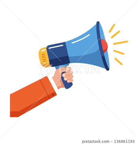 Megaphone held by human hand with orange sleeve shouting announcement or alert in blue and yellow vector illustration 136861193