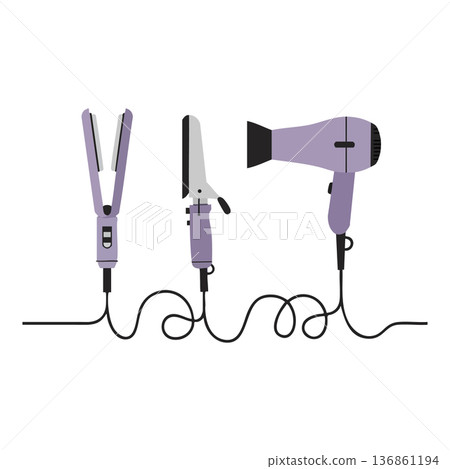 Hair styling tools set with purple flat iron curling iron and hair dryer vector illustration for beauty salon use 136861194