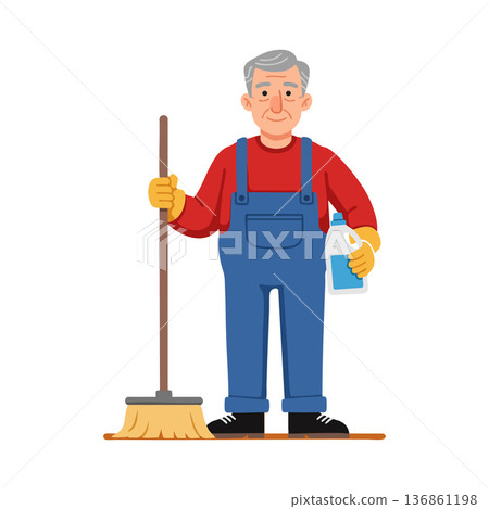 Elderly man cleaning with mop and detergent bottle in red sweater and blue overalls vector illustration Elderly man cleaning with mop and detergent bottle in red sweater and blue overalls vector illustration 136861198
