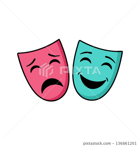 Comedy and tragedy theatrical masks symbolizing drama and emotional contrast in performing arts vector illustration Comedy and tragedy theatrical masks symbolizing drama and emotional contrast in performing arts vector illustration 136861201