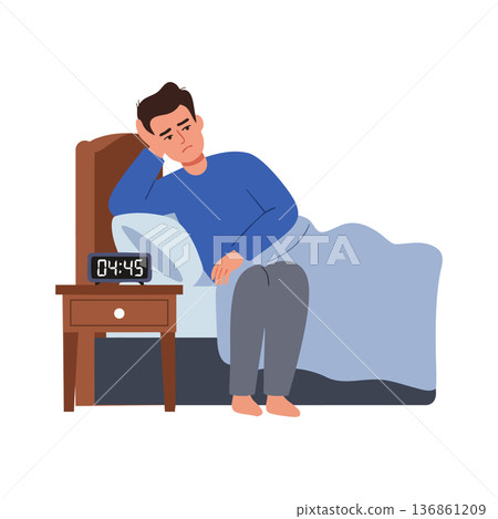 Insomnia man sitting on bed at early morning struggling to sleep vector illustration Insomnia man sitting on bed at early morning struggling to sleep vector illustration 136861209