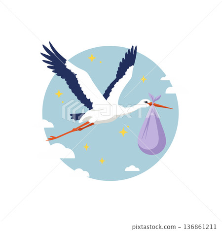Stork bird flying with purple bundle delivering baby in sky with stars and clouds vector illustration Stork bird flying with purple bundle delivering baby in sky with stars and clouds vector illustration 136861211
