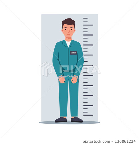 Prisoner standing in front of height measurement chart wearing handcuffs and prison uniform vector illustration Prisoner standing in front of height measurement chart wearing handcuffs and prison uniform vector illustration 136861224