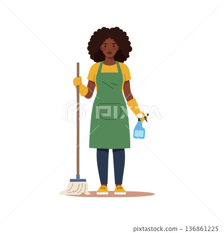 Woman holding mop and spray bottle cleaning house chores and domestic work routine illustration vector 136861225