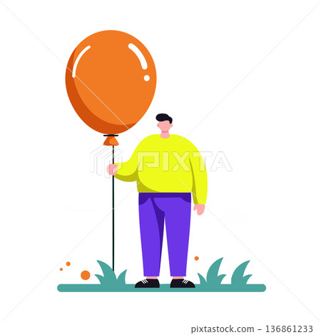 Man holding orange balloon standing on grass in casual outfit bright colors vector illustration Man holding orange balloon standing on grass in casual outfit bright colors vector illustration 136861233