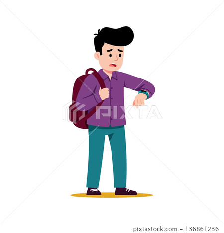 Young man checking watch worried about time wearing casual clothes and backpack vector illustration 136861236
