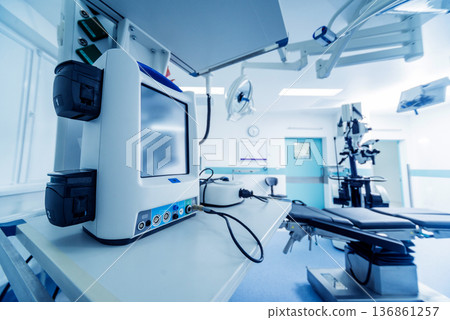 Modern equipment in operating room. Medical devices for neurosurgery. Modern equipment in operating room. Medical devices for neurosurgery. 136861257