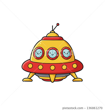 Cute yellow and red spaceship with smiling faces in windows vector illustration 136861270