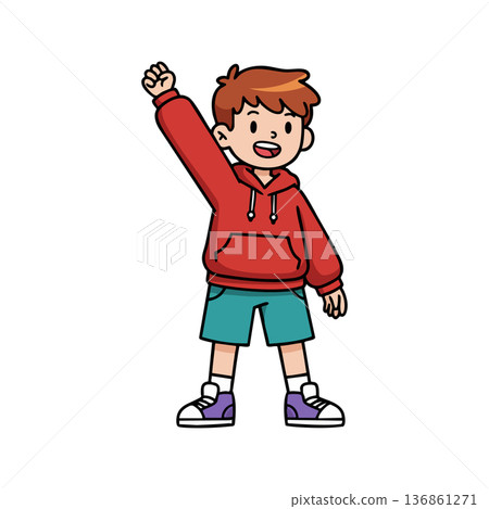 Boy in red hoodie raising hand wearing blue shorts and purple sneakers vector illustration 136861271