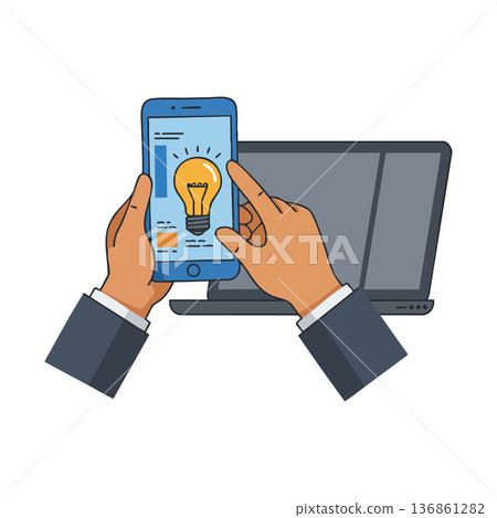 Hands Holding Smartphone with Light Bulb Idea and Laptop Technology Concept Vector Illustration Hands Holding Smartphone with Light Bulb Idea and Laptop Technology Concept Vector Illustration 136861282