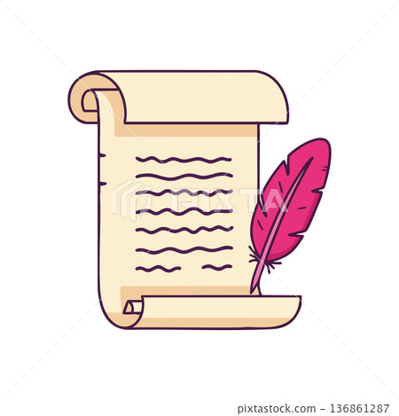 Vintage scroll parchment with pink feather quill pen for writing old documents and letters vector illustration Vintage scroll parchment with pink feather quill pen for writing old documents and letters vector illustration 136861287