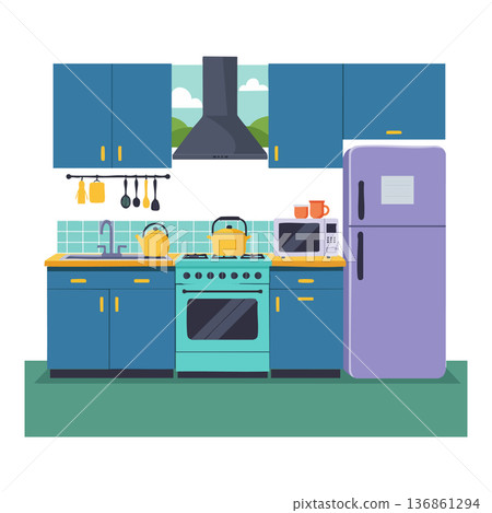 Modern kitchen interior with blue cabinets purple refrigerator and green stove in vector style 136861294