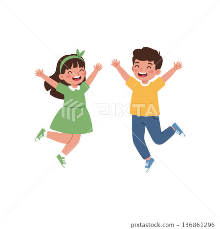Happy jumping children boy and girl smiling with arms raised in playful joyful mood vector illustration Happy jumping children boy and girl smiling with arms raised in playful joyful mood vector illustration 136861296