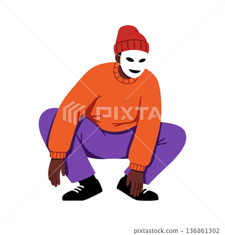 Person wearing white mask red hat orange sweater and purple pants squatting in casual pose vector illustration Person wearing white mask red hat orange sweater and purple pants squatting in casual pose vector illustration 136861302