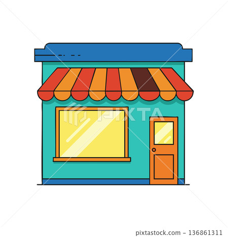 Small shop building with colorful striped awning and large window storefront vector illustration Small shop building with colorful striped awning and large window storefront vector illustration 136861311