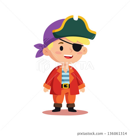 Pirate boy character vector in colorful costume with eye patch smiling and standing confidently in cartoon style Pirate boy character vector in colorful costume with eye patch smiling and standing confidently in cartoon style 136861314