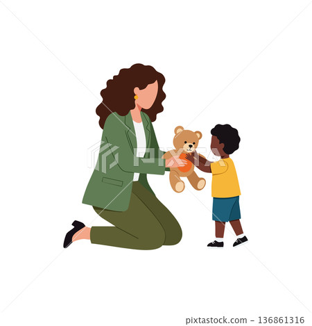 Woman giving teddy bear to child in playful interaction vector illustration for family and parenting concept 136861316
