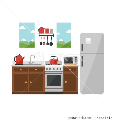 Kitchen interior with stove refrigerator cabinets and cooking utensils in flat style vector illustration 136861317