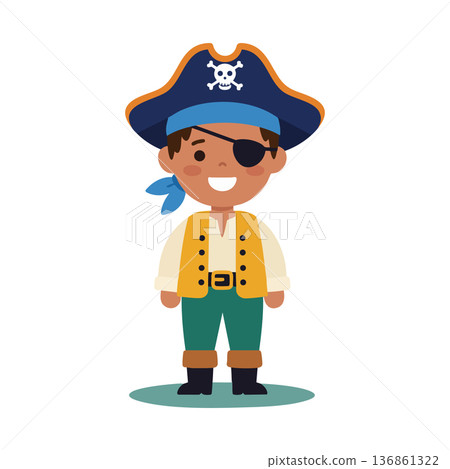 Pirate character with eyepatch and hat smiling in cartoon style vector illustration for children and storytelling use 136861322